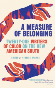 Cover of A Measure of Belonging, featuring an illustration of two hands and forearms in blue and red circling the title.