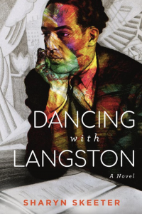 Cover of Dancing with Langston by Sharyn Skeeter, featuring an illustration of Langston Hughes sitting at a table with rainbow-colored light falling on him.