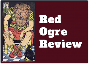Cover of Red Ogre Review, featuring a graphic of a seated ogre in lace-up shoes and white text on a red background.