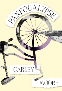 Cover of Panpocalypse by Carley Moore featuring an upside-down bicycle in purple against a pale yellow background.