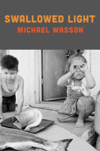 Swallowed Light by Michael Wasson featuring a black and white photograph of two children sitting on the doorstep of an open door with one making binoculars with her hands.