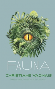 Cover of Fauna by Christiane Vadnais, featuring a reptilian eye wreathed in leaves on a gray background.