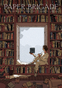 Cover of Paper Brigade, 2022, featuring an illustration of a white woman reading in a windowseat surrounded by bookshelves.