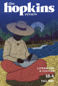 Cover of The Hopkins Review 15.4, featuring an illustration of a Black woman wearing a hat and seated cross-legged on the ground before a background of trees and a river.