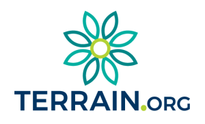 Logo of Terrain.org, featuring dark blue text and an outlined illustration of a flower with a light green center and teal petals. 