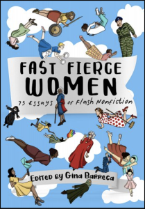 Cover of Fast Fierce Women featuring illustrations of 18 women on a background of blue sky with white clouds.