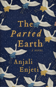Cover of The Parted Earth by Anjali Enjeti, featuring an illustration of white birds flying across the cover on a dark blue background.