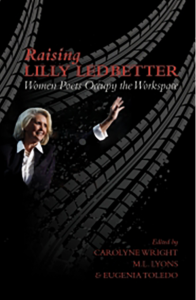 Cover of Raising Lily Ledbetter, a woman with blond hair raising her arm and smiling on a black background.