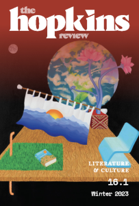 Cover of the Hopkins Review featuring an illustration of a globe and other objects on a desk.