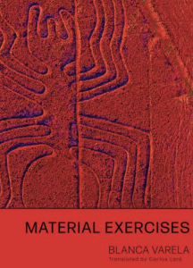 Cover of Material Exercises by Blanca Varela, featuring an image with ridged patterns on a red background.