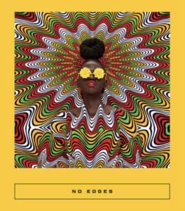 Cover of No Edges: Swahili Stories, featuring a square image of a Black woman in yellow sunglasses and a kaleidoscopic patterned dress against a wall of the same pattern, all on a bright yellow background.