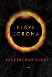 Cover of Flare, Corona by Jeannine Hall Gailey, featuring the title in yellow against a celestial body outlined in a flaming corona.