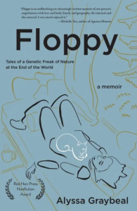 Cover of Floppy featuring a contoured line illustration of a person on their black with a cat on their stomach, in black and white and gold against a blue background.