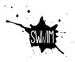 Logo of SWWIM featuring text in white against a black ink splatter.
