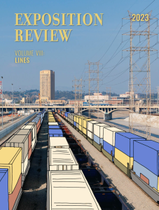Cover of Exposition Review (Volume VIII), titled Lines, featuring a photographic train yard with illustrated trains.
