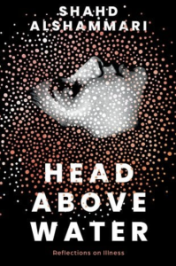 Cover of Head Above Water featuring a black-and-white face, horizontal and looking upward, surrounded by white and orange dots.