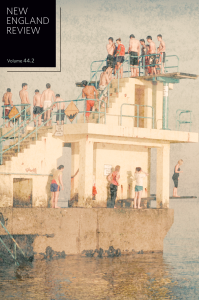 Cover of New England Review Volume 44.2, featuring an image of men and women in line at a two-story diving platform.