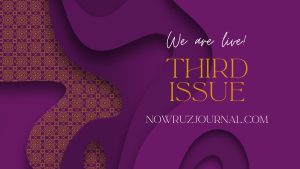 Purple banner image with layers of different shades and a layer of gold texture and text reading "We are live! Third Issue. Nowruzjournal.com."
