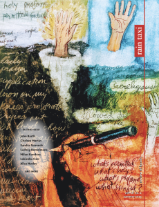 Cover image of Volume 28, Number 2 (Summer 2023) of Rain Taxi Review featuring drawings of hands and cursive handwriting against an orange and blue painted background.