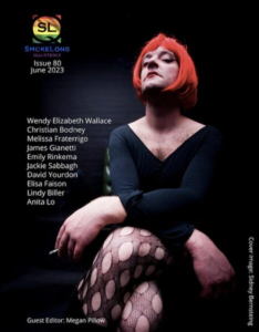 Cover image of SmokeLong Quarterly Issue 80, June 2023, featuring an image by Sidney Bernsteing of a person with an orange wig, a black dress, and fishnets smoking a cigarette.