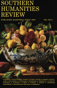 Cover image of Southern Humanities Review ("published quarterly since 1967"), Volume 56.2, featuring yellow text and an image of lemons and pomegranates in a blue-patterned bowl.