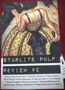 Cover image of Starlite Pulp Review #2, featuring typewriter-like text and an illustration of a woman in a green-and-yellow polkadot dress looking down at her fingernails.