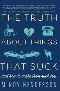 Dark blue cover of The Truth About Things That Suck featuring yellow text and pale blue icons of a wheelchair, a broken heart, a telephone, a car crash, and a deer.