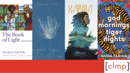 Featured image for books launching in August 2023, featuring covers of The Book of Light, Night Logic, Kariba, and god mornings tiger nights.
