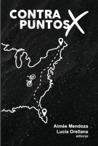 Cover of Contrapuntos X featuring white text and a white outline of the eastern united states with a white dotted line extending from Maine to Florida beside a white bicycle icon.