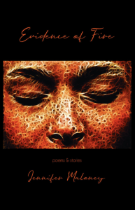 Cover of Evidence of Fire by Jennifer Maloney, featuring red text and an image of a section of a woman's face, in red and gold scribbles, with her eyes downturned.