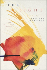 Cover of The Fight by Jennifer Manthey, featuring yellow and orange paint strokes with black accents.