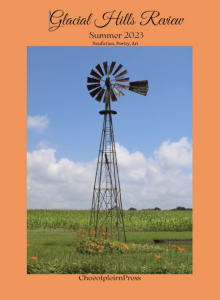 Cover of Glacial Hills Review, Summer 2023, featuring a photograph of a windmill on an orange background.