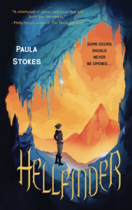 Cover of Hellfinder by Paula Stokes, featuring an illustration of a human figure in a blue, icicle-ed cave looking out at an orange mountain and orange sky.
