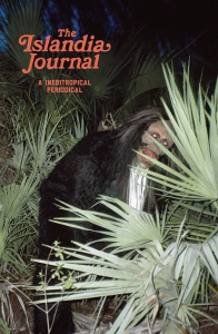 Cover of The Islandia Journal, featuring orange text over an image of a mysterious, Bigfoot-like creature obscured by palm trees.