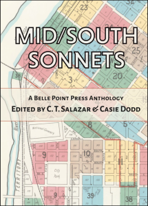 Cover of Mid/South Sonnets, edited by C.T. Salazar and Casie Dodd, featuring a map of a city along a river with different sections numbered and colored in blue, yellow, pink, and green.