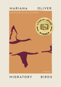 Cover of Migratory Birds featuring an orange cover with silhouetted flying red birds.