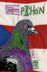 Cover of Papi Pichón by Dimitri Reyes, featuring embroidered text and an embroidered pigeon on a red, white, and blue background.
