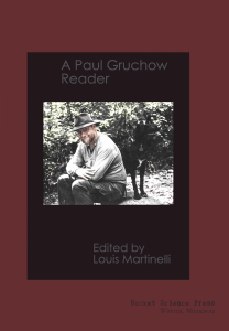Cover of A Paul Gruchow Reader, featuring a photograph of a man in a hat beside a black dog, on a red background.