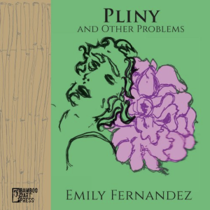 Cover of Pliny and Other Problems by Emily Fernandez, featuring a drawing of a Roman face beside a purple shape on a green background.