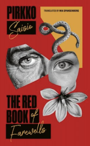 Cover of The Red Book of Farewells featuring a collage of a man and woman's eyes over a red background.
