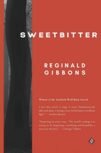 Cover of Sweetbitter by Reginald Gibbons, featuring white text and a black ribbon on a red background.