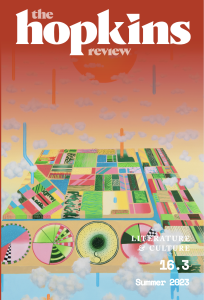 Cover of The Hopkins Review Issue 16.3, featuring a board game hovering in an orange sky with white clouds.