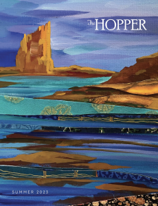 Cover of The Hopper, Summer 2023, featuring an ocean and a red rock landscape.