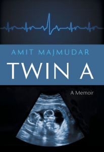 Cover of Twin A by Amit Majmudar featuring a sonogram of twins on a black and blue background with a heartbeat graph.