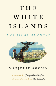 Cover of The White Islands featuring an oval-shaped painting of two women in front of a coastal city.