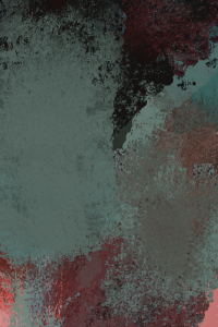 Abstract painting with mottled gray, orange, and green swathes.