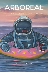 Cover of Arboreal Literary Magazine featuring an illustration of a person in a full oxygen suit floating in the ocean in a donut.