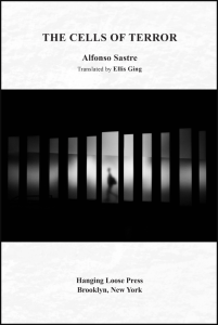 Cover of Cells of Terror by Alfonso Sastre, featuring black text on a white background, and a photograph of several bright panes on a black background, with a hazy figure in the central pane.