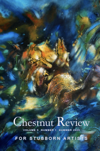 Cover of Chestnut Review featuring an abstract image of gold and green and blue swirls.