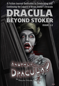 Cover of Dracula Beyond Stoker, featuring an illustration of a blonde woman in pearls and a white dress emerging from a coffin with blood running down her chin.